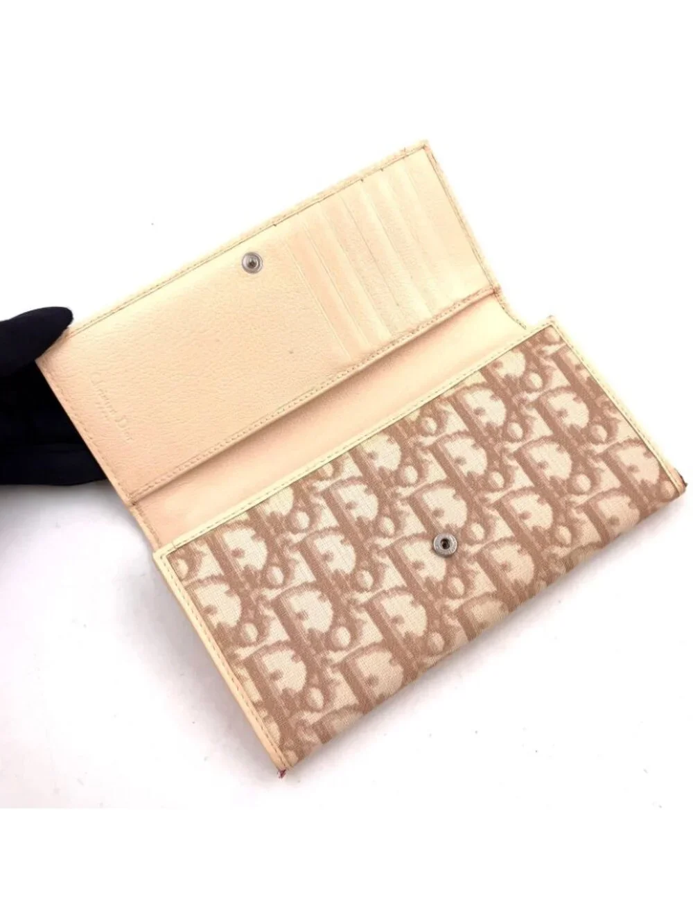 Dior Trotter Flower Embroidered Leather Light Beige Wallet Silver